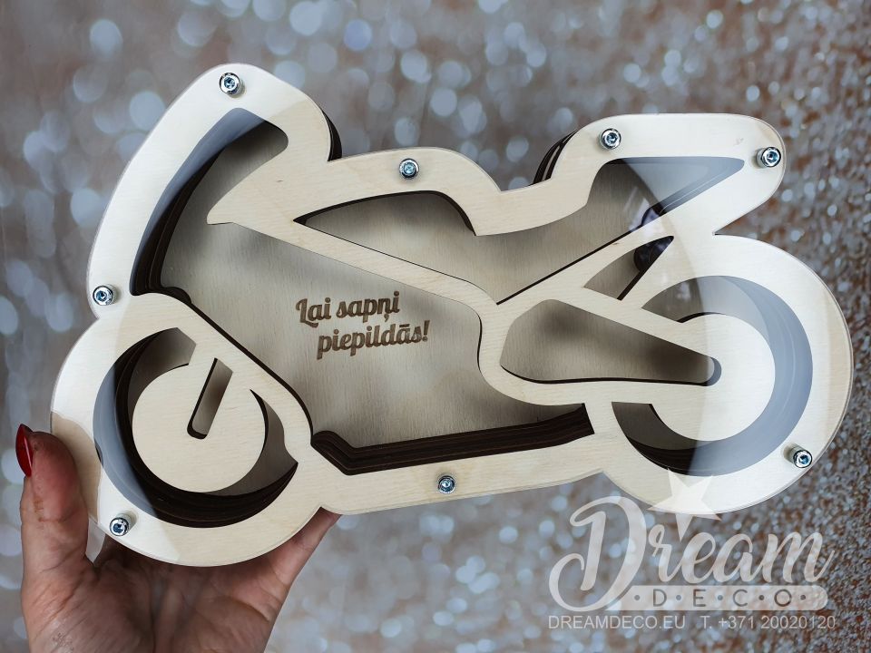 Krājkase motocikla formā ar gravējumu - Lai sapņi piepildās! 