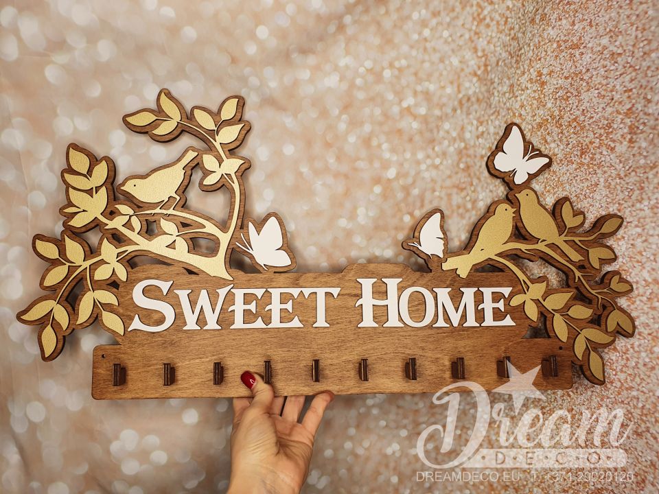 Ключница с птичками на ветках, бабочками и надписью - Sweet Home