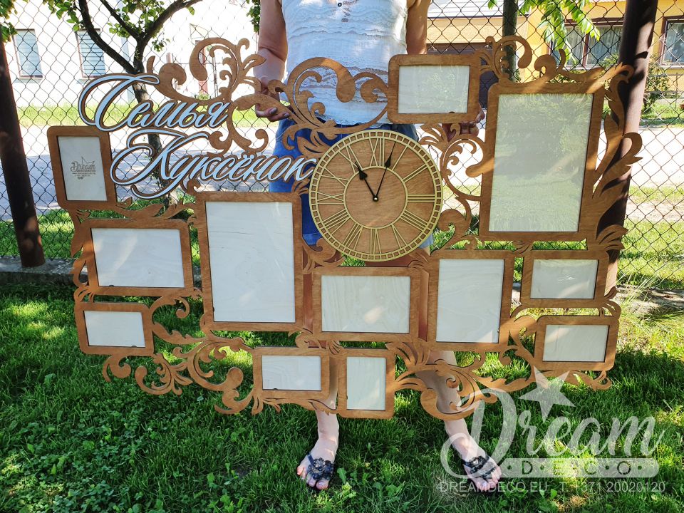 Ģimenes dekoratīvs foto rāmis ar pulksteni un rakstiem