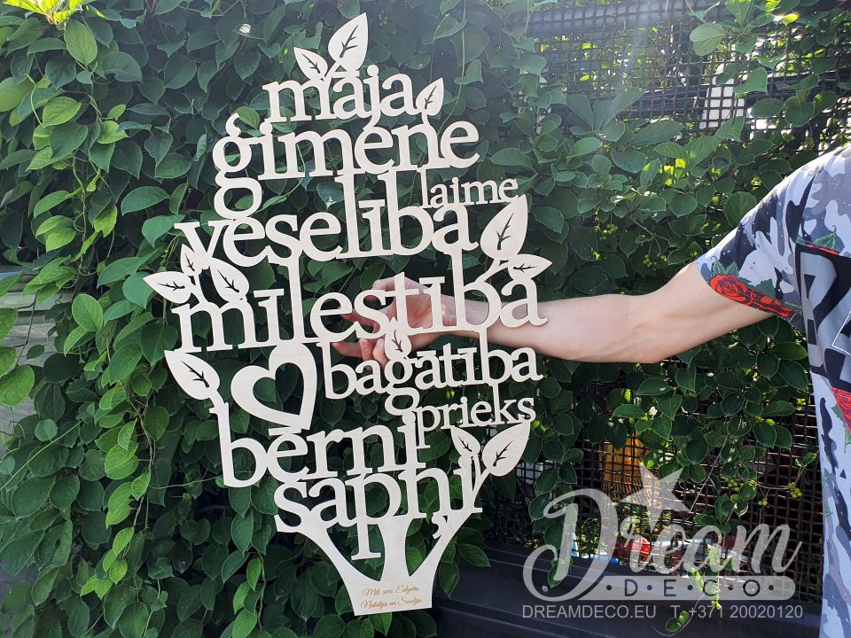 Cirsts sienas dekors koka formā ar ģimenei svarīgiem vārdiem