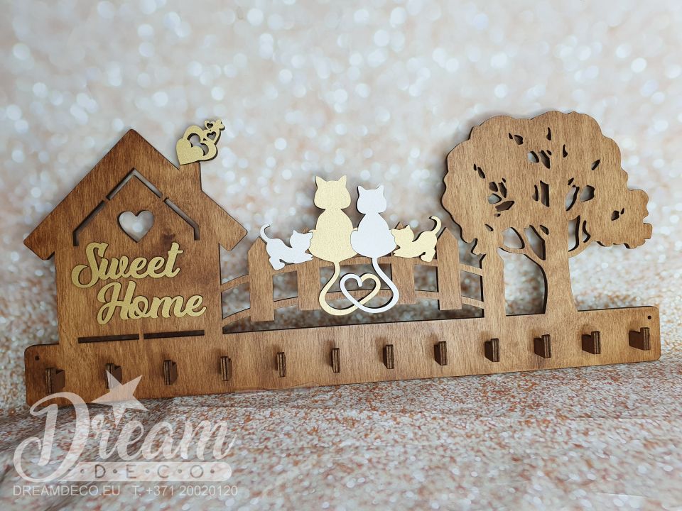 Ключница с котиками на заборе, деревом и домиком с надписью - Sweet Home