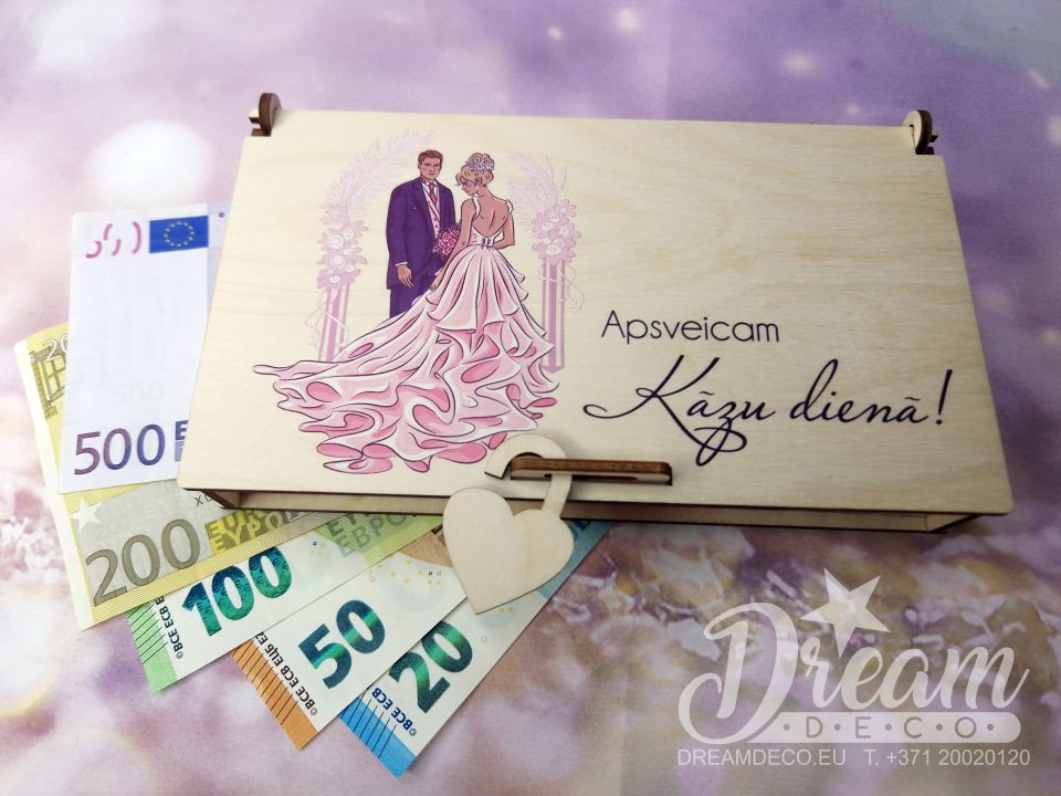Деревянная шкатулочка для денежного презента на свадьбу - Apsveicam Kāzu dienā!