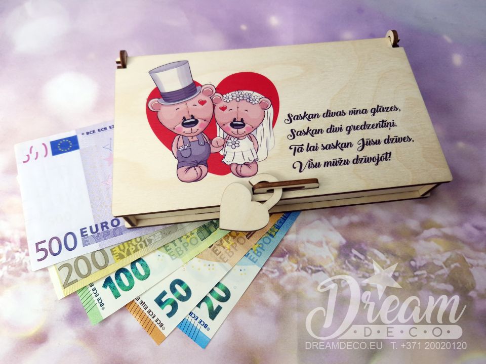 Деревянный конверт для денежного подарка на свадьбу со стишком и рисунком