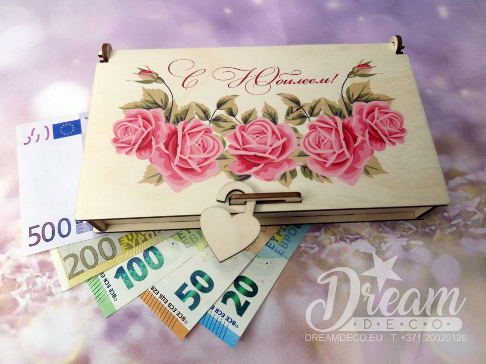 Деревянная коробочка для денег с цветочным принтом и надписью - С Юбилеем!