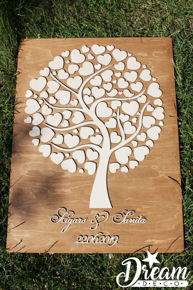 Доска для пожеланий на свадьбу с деревом любви и именами молодоженов с датой свадьбы