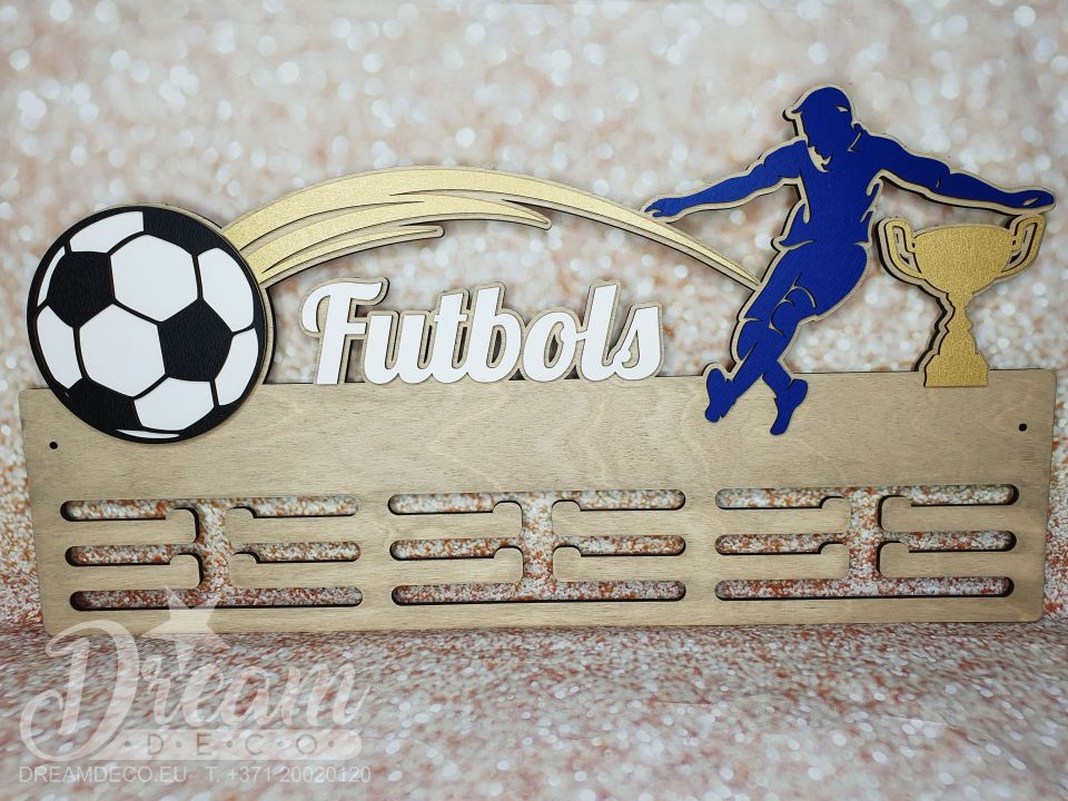 Декоративная деревянная медальница для футболиста с надписью - Futbols