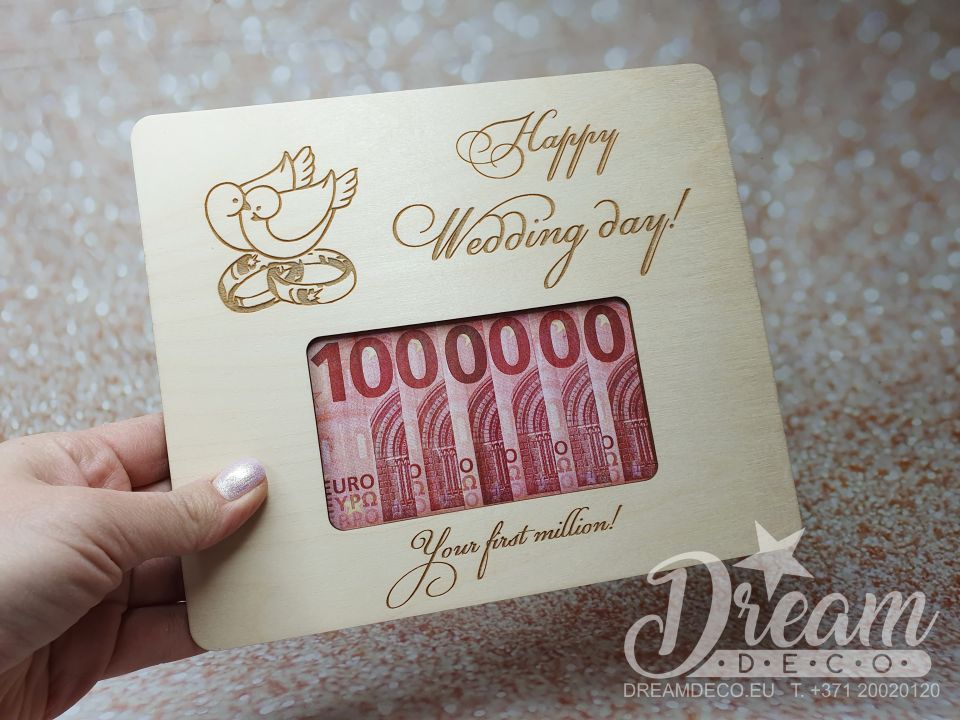 Подарочная рамка Миллион / Happy Wedding day! (голуби и кольца)
