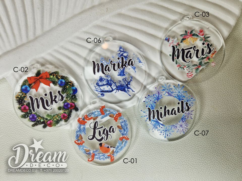 Именные ёлочные игрушки с печатью из оргстекла С-01 - С-07