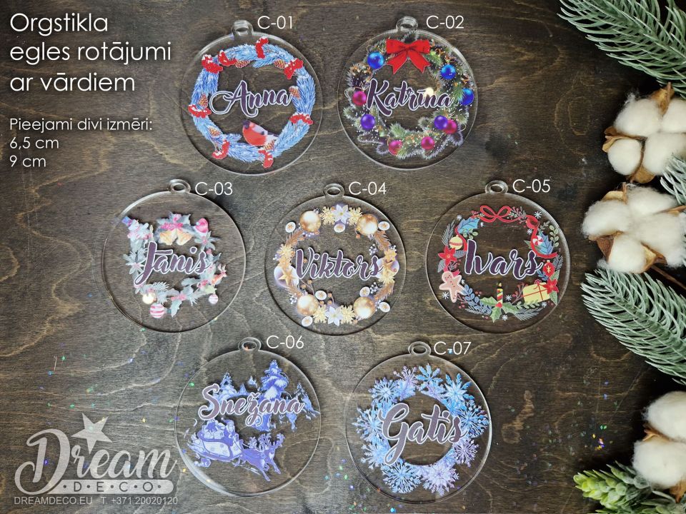 Именные ёлочные игрушки с печатью из оргстекла С-01 - С-07