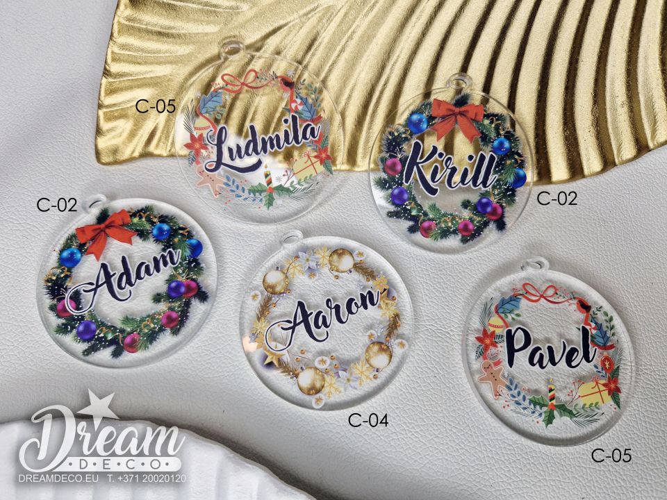 Именные ёлочные игрушки с печатью из оргстекла С-01 - С-07